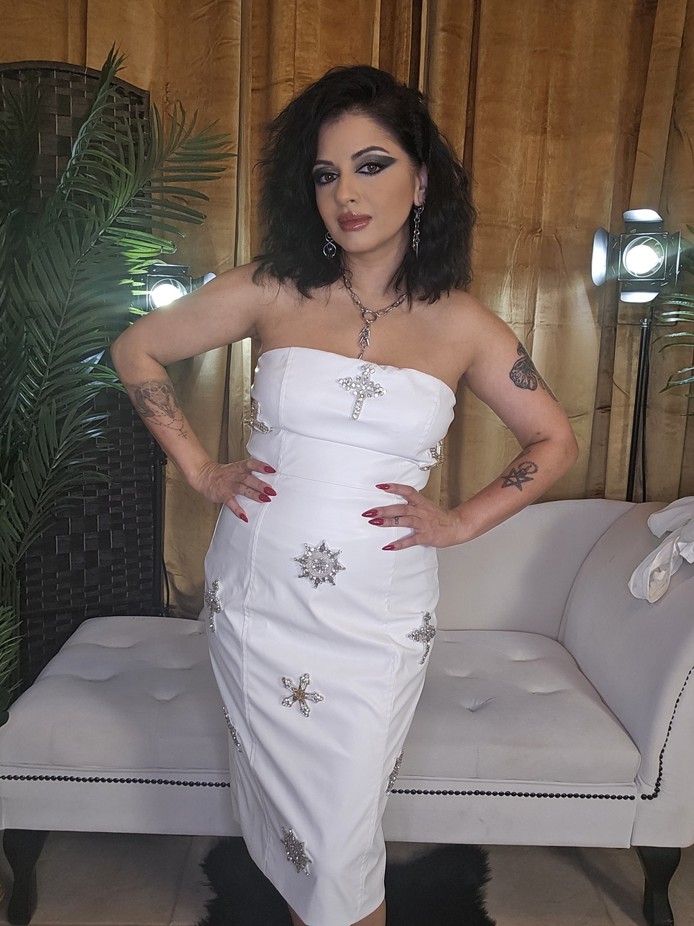 Fashion Nova White Strapless Embellished Midi Dress